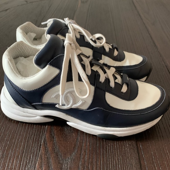 CHANEL Shoes - Chanel Navy White 37 PVC Leather Trainers Sneakers